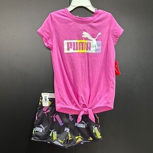 PUMA 2 piece set, jersey short sleeve knotted front T,elastic waist logo shorts